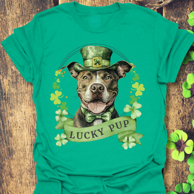 Kelly Green cotton St. Patrick’s Day tee for dog moms and dads, featuring a Pit Bull dog design