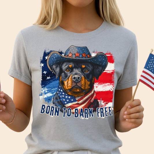 Rottweiler Patriotic T-Shirt "Born to Bark Free" - Dog-Themed Patriotic Design