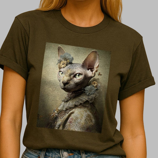 Person wearing a green t-shirt with a cat graphic design.
