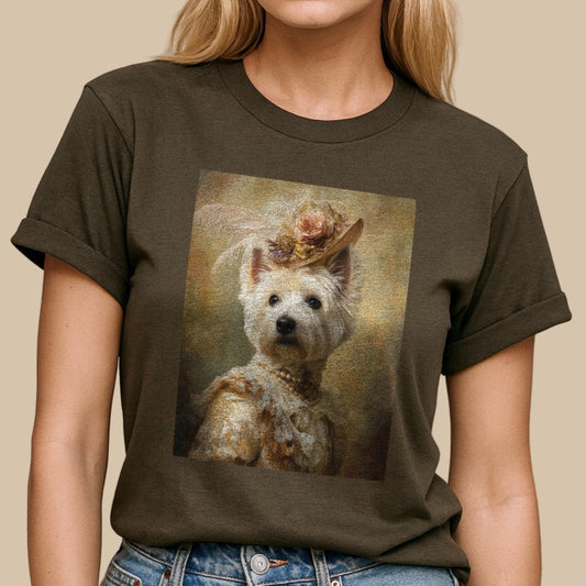 Woman wearing a t-shirt with a dog graphic design.