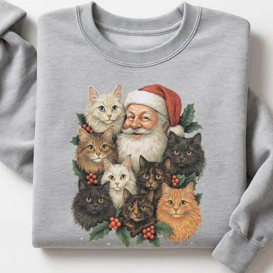 Gray sweatshirt with a design of Santa Claus surrounded by cats on a white background