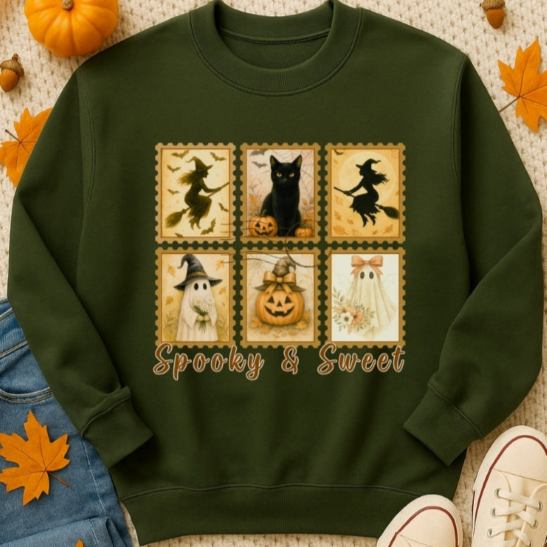 Green sweatshirt with Halloween-themed design on a textured surface with autumn leaves and pumpkins.