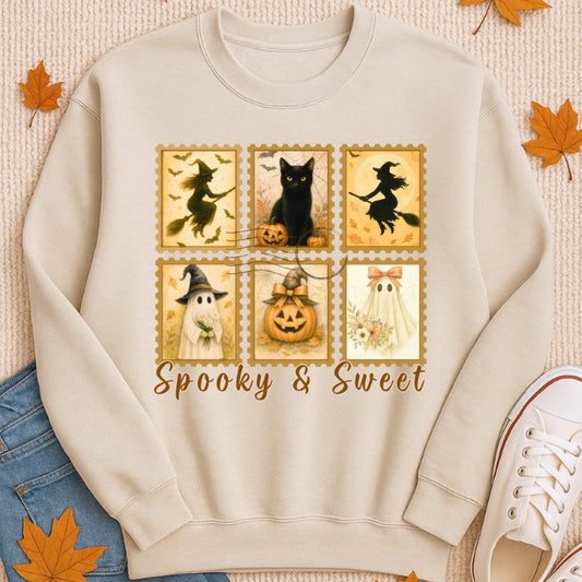 Beige sweatshirt with Halloween-themed design and 'Spooky & Sweet' text, placed on a textured surface with autumn leaves.