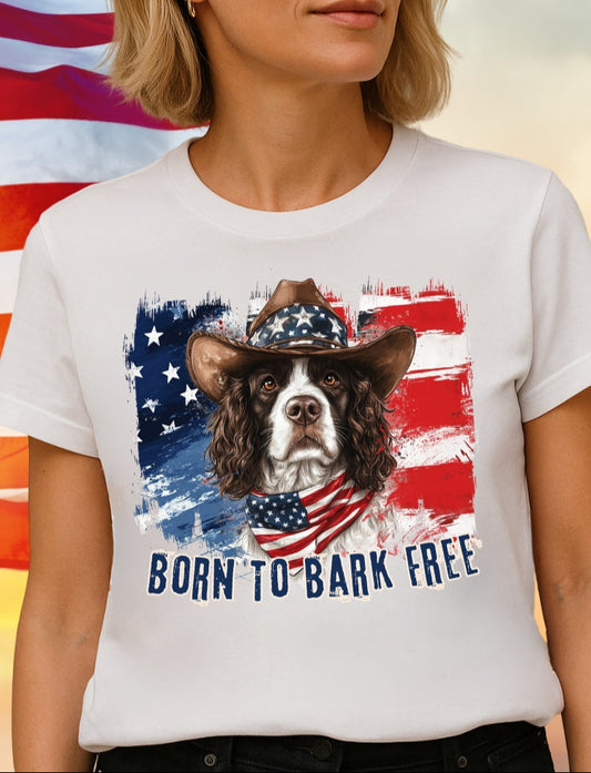 English Springer Spaniel Patriotic T-Shirt "Born to Bark Free" - Dog-Themed Patriotic Design