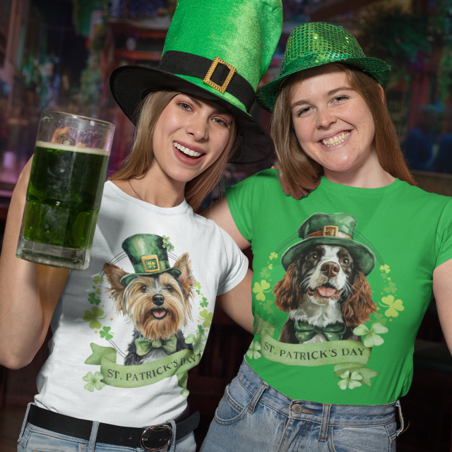 dog lovers inSt. Patrick’s Day t-shirt featuring a yorkshire terrier dog and springer spaniel with a shamrock garland and festive Irish design