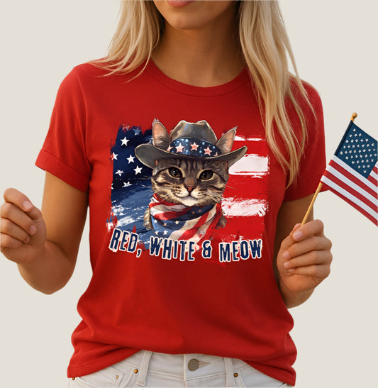 Tabby Cat  Patriotic T-Shirt "Red, White & Meow" - Cat-Themed Patriotic Design