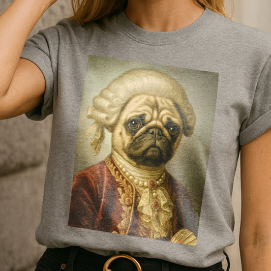 Person wearing a gray t-shirt with a dog in formal attire graphic design.