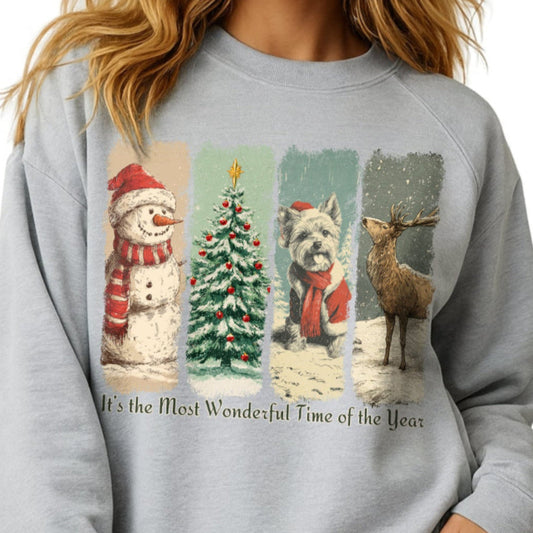 Gray sweatshirt with Christmas-themed graphics and text worn by a person.