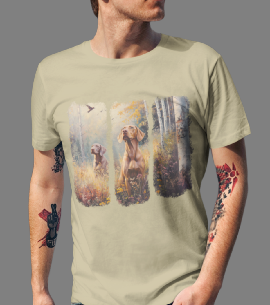 dog lover, vizsla lover t-shirt featuring artistic painting of two hunting vizsla dogs