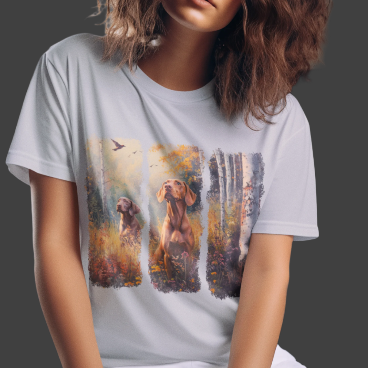 unique dog lover gift, t-shirt with artistic print of two hunting vizsla dogs, premium quality