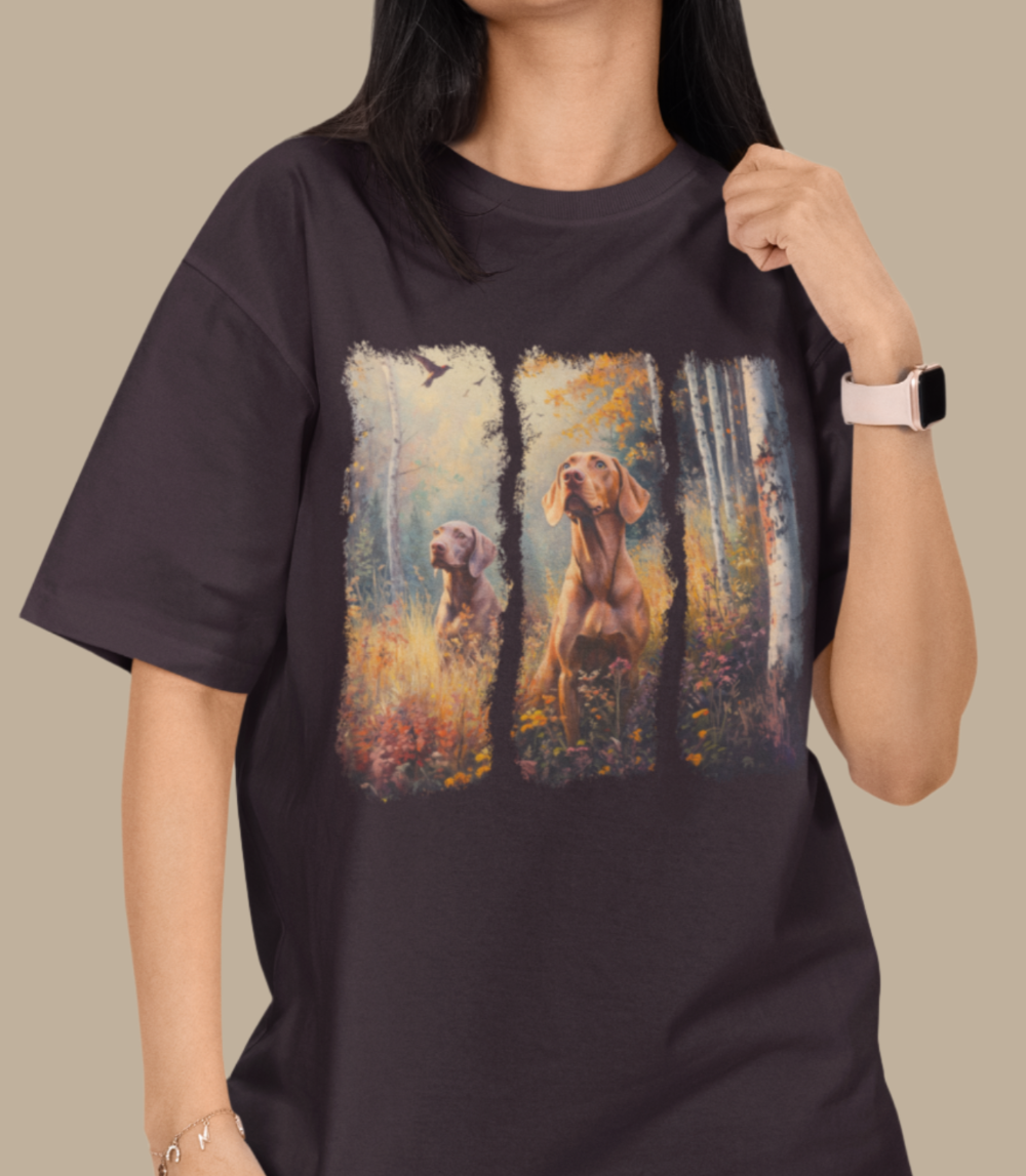 unique dog lover gift, t-shirt with artistic print of two hunting vizsla dogs, premiu quality