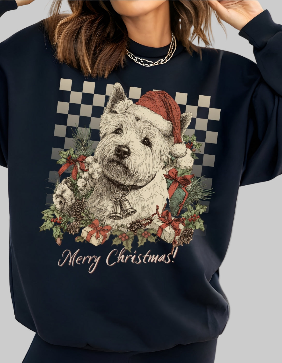 blacksweatshirt with a Christmas-themed design of a dog wearing a Santa hat and wreath.
