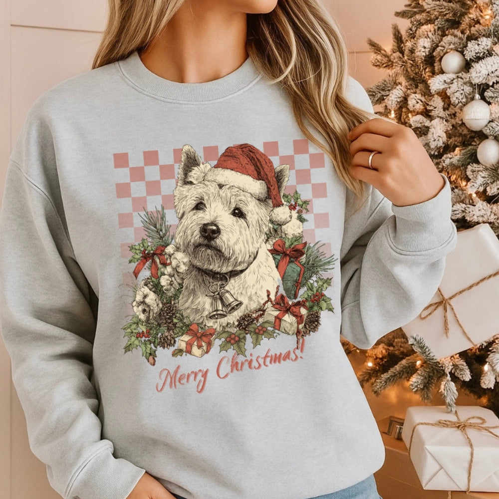 Person wearing a Christmas-themed sweatshirt with a dog graphic in a decorated room.