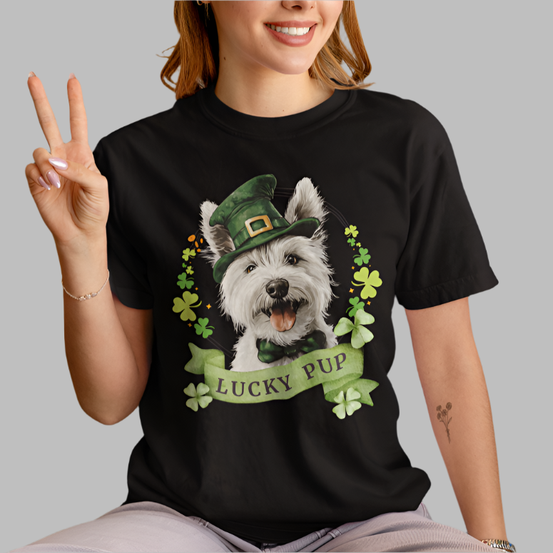 St. Patrick’s Day t-shirt featuring  westie dog with a shamrock garland and festive Irish design