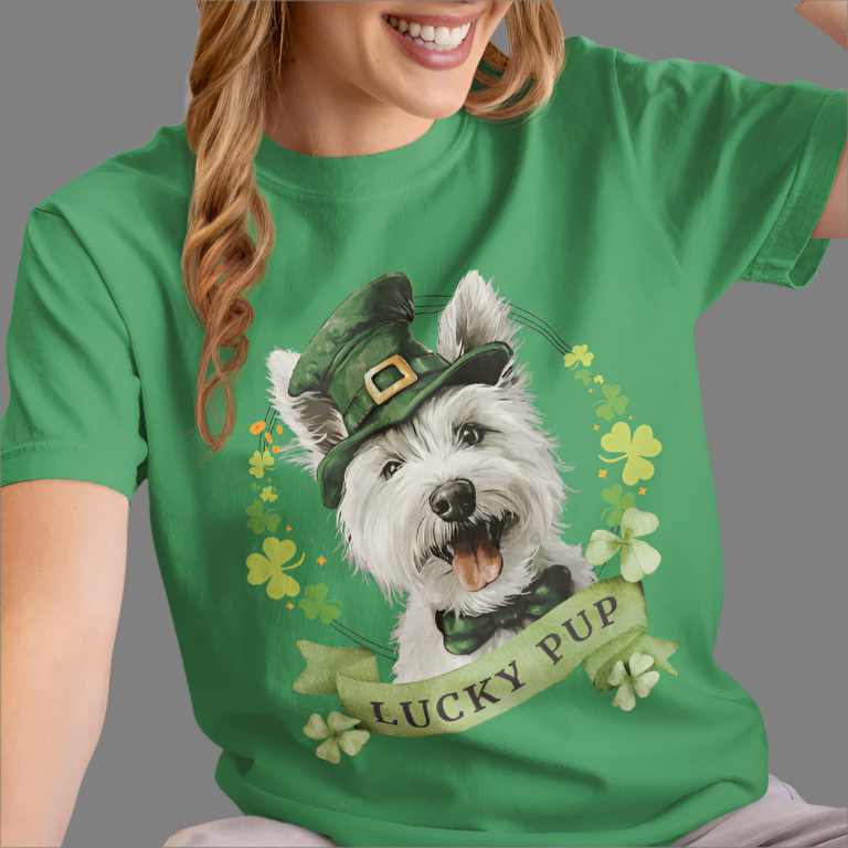 St. Patrick’s Day t-shirt featuring  west highland white terrier dog with a shamrock garland and festive Irish design