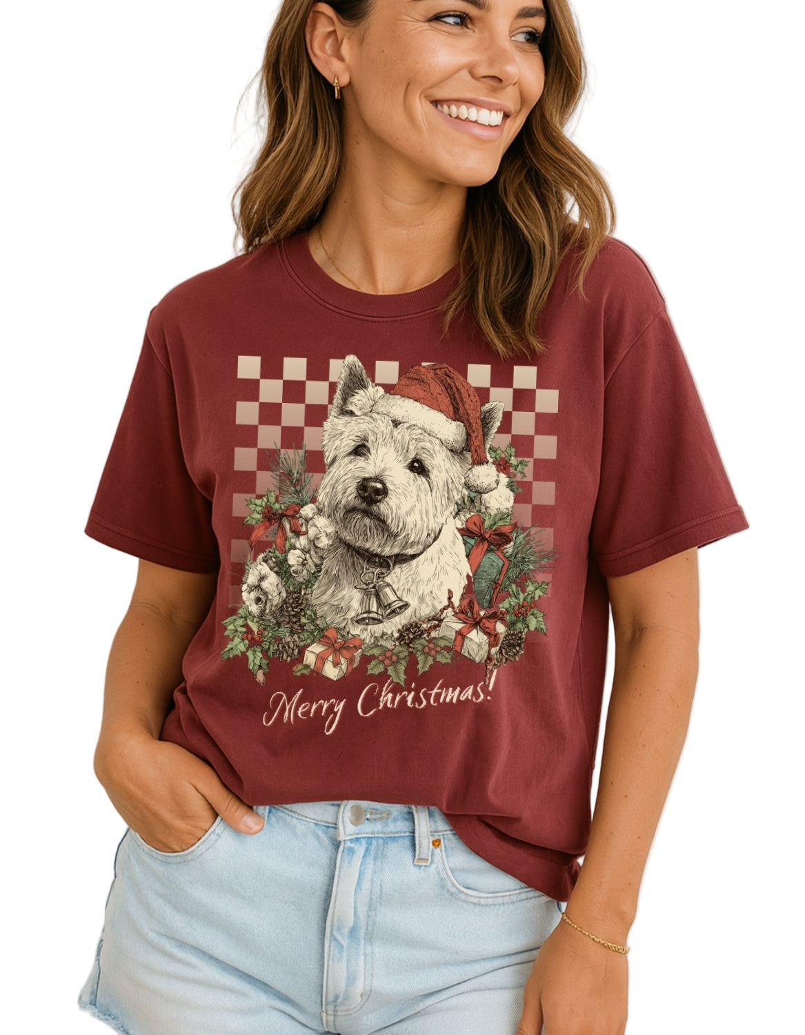 Westie Vintage Checkered Christmas Tee