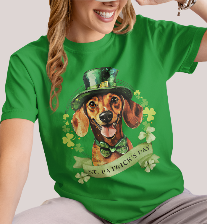 woman in irish green St. Patrick’s Day t-shirt featuring a Dachshund dog with a shamrock garland and festive Irish desig