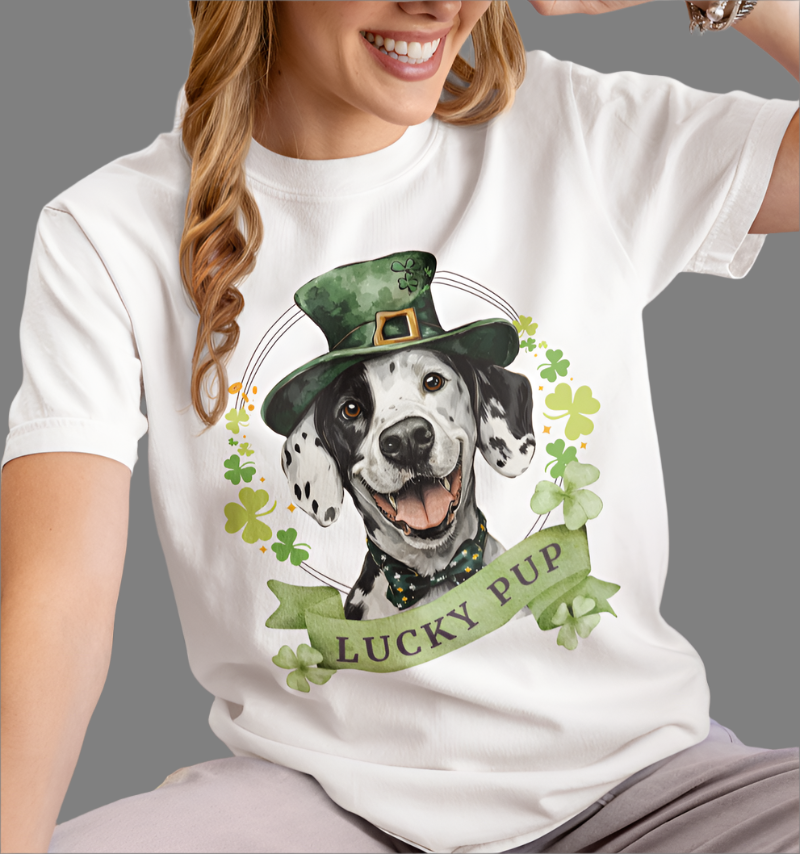woman in a white St. Patrick’s Day t-shirt featuring a Dalmatian lucky pup with a shamrock garland and festive Irish