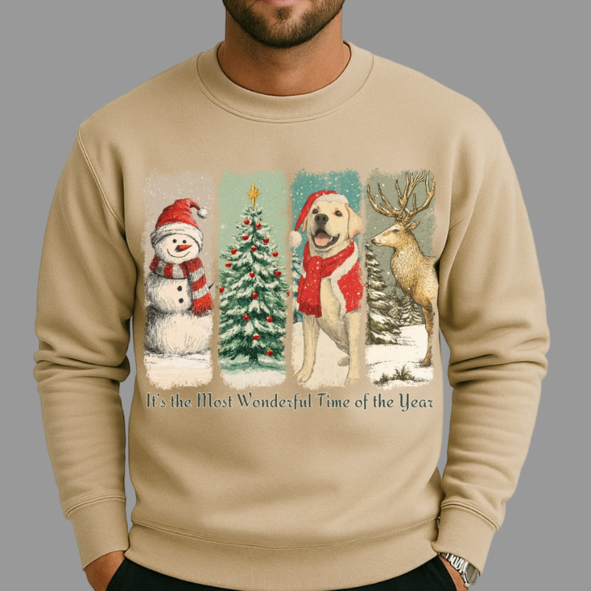 Beige sweatshirt with Christmas-themed design featuring a dog, reindeer, snowman, and tree.