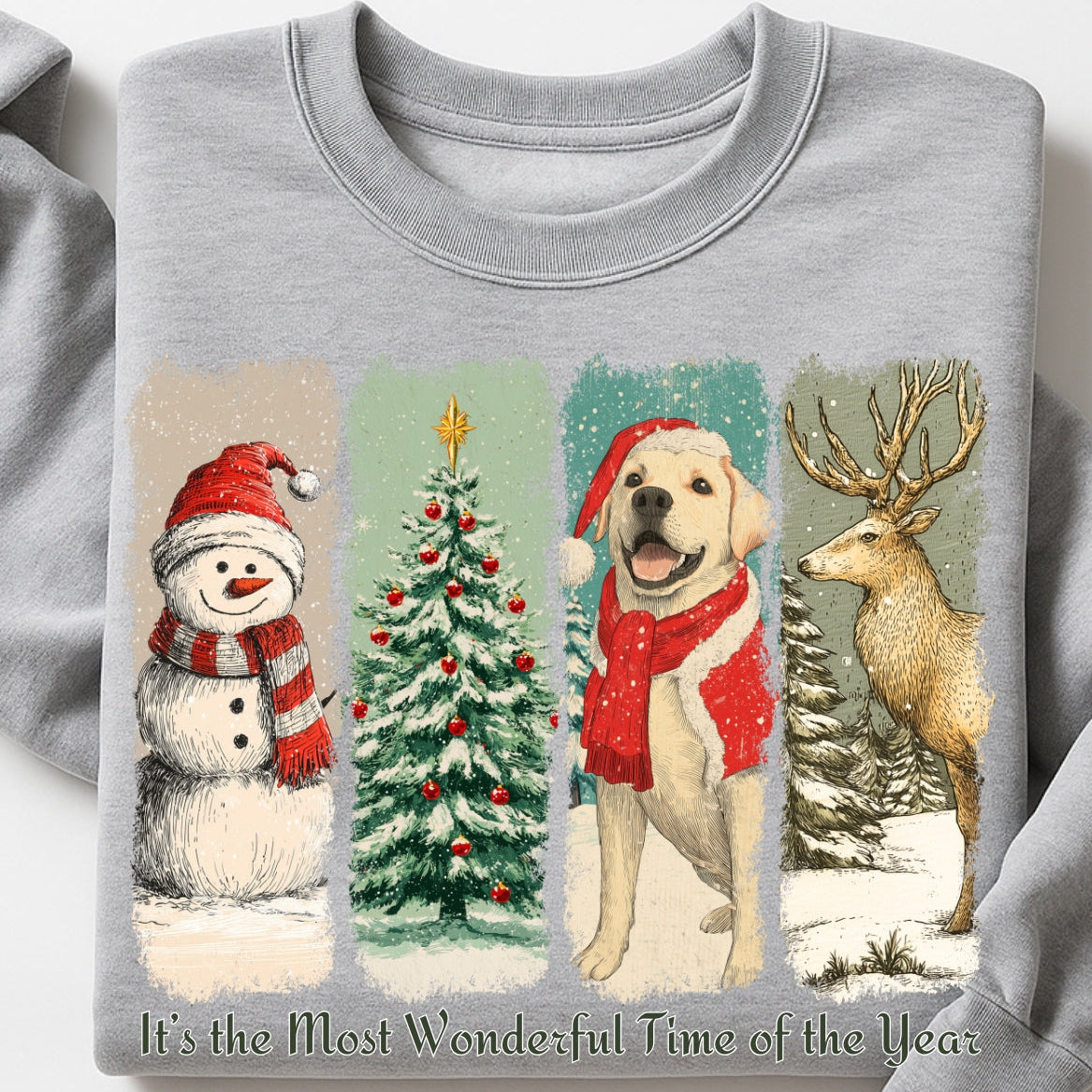 Gray sweatshirt with Christmas-themed design featuring a snowman, tree, dog, and deer on a white background.