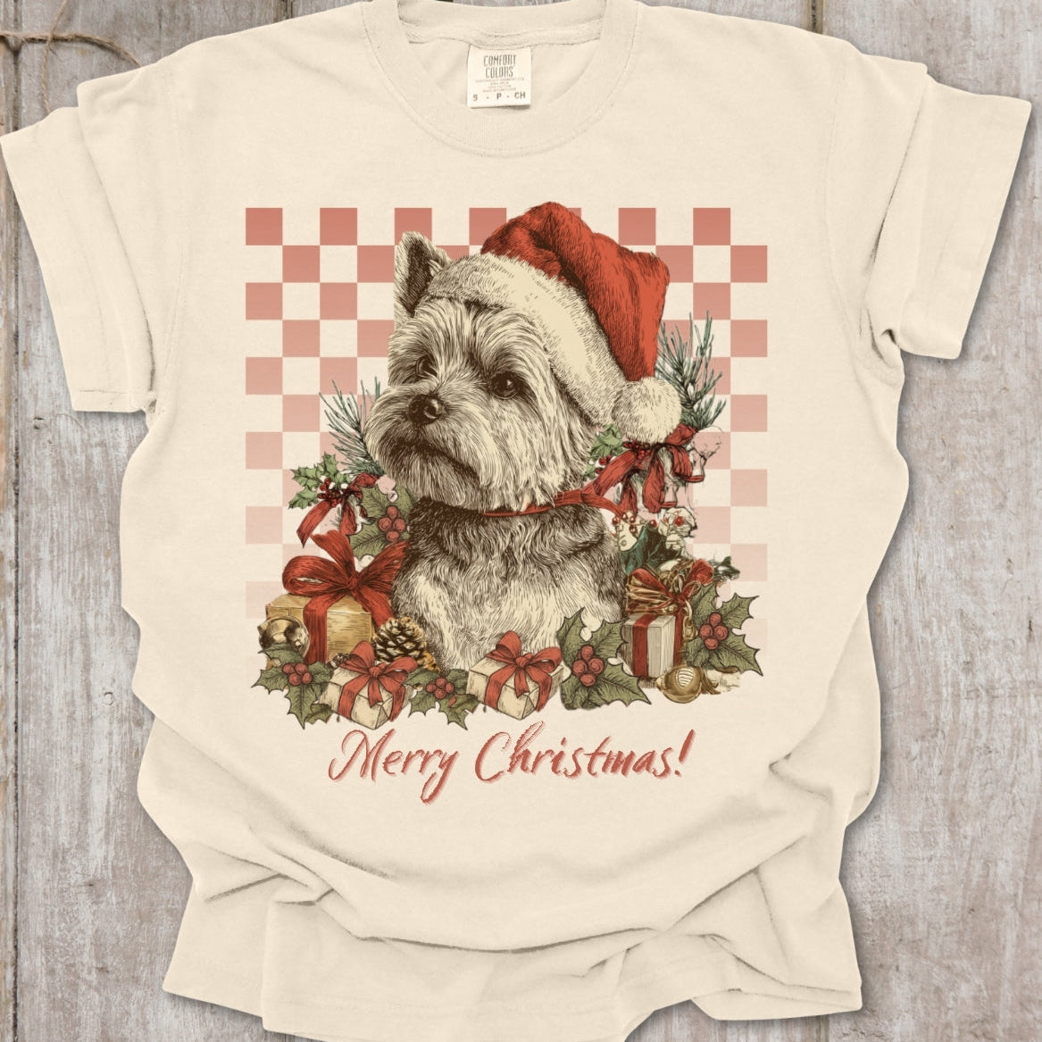 Yorkie Vintage Checkered Christmas Tee