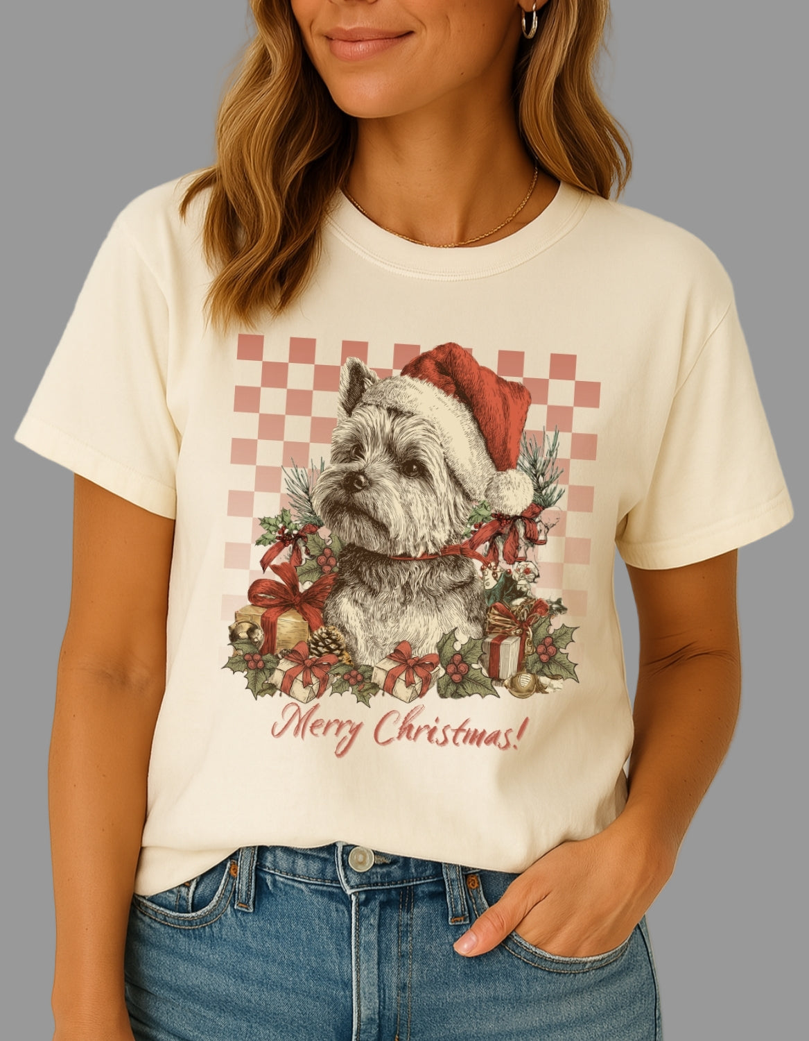 Yorkie Vintage Checkered Christmas Tee