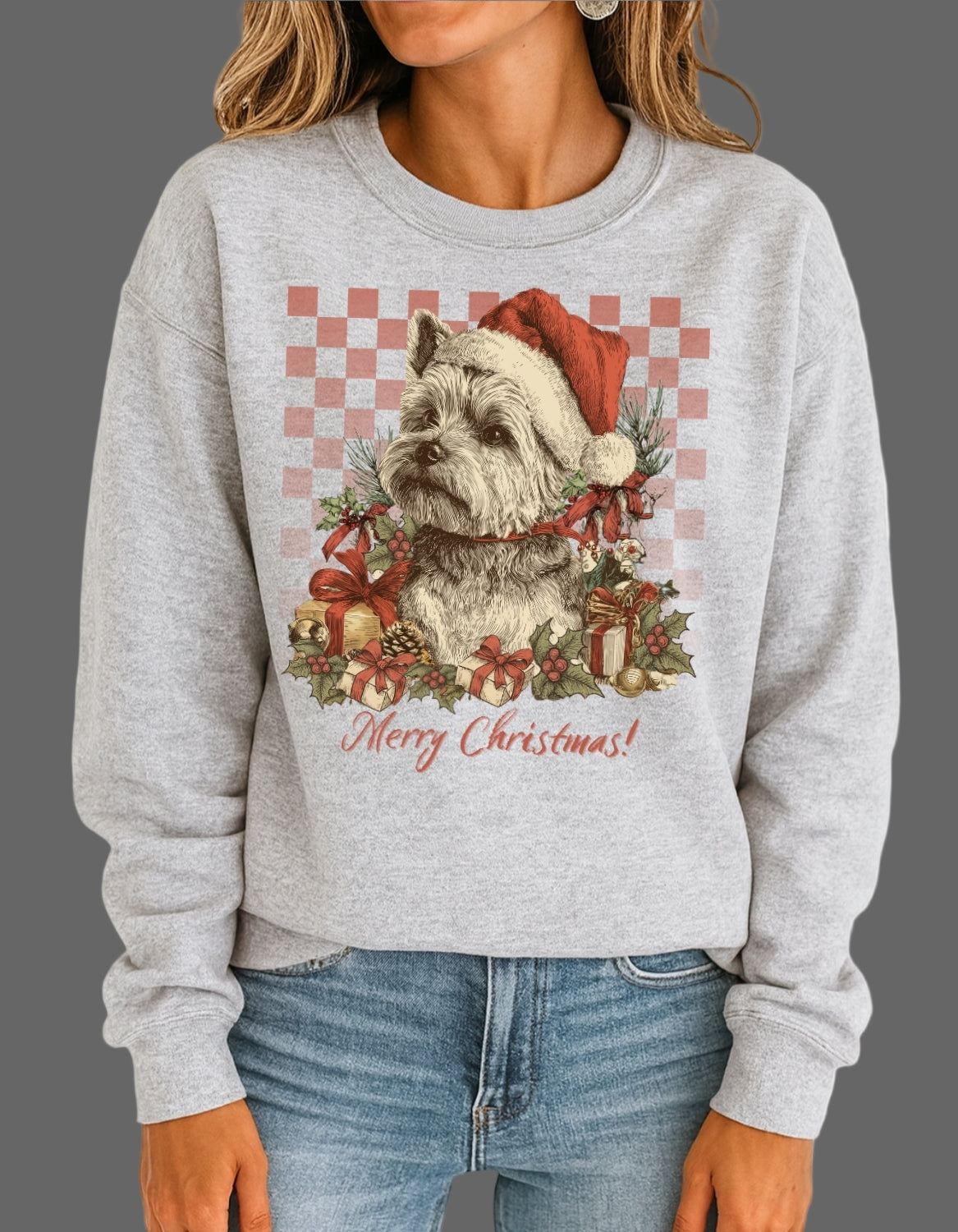 Gray sweatshirt with a Christmas-themed dog graphic and 'Merry Christmas!' text.