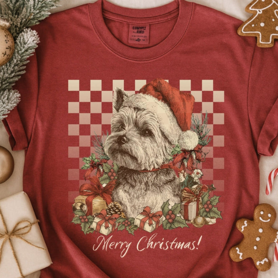 Yorkie Vintage Checkered Christmas Tee