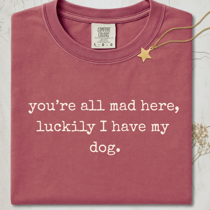 Folded crimson comfort colors t-shirt with text 'you're all mad here, luckily I have my dog.' on a light background.